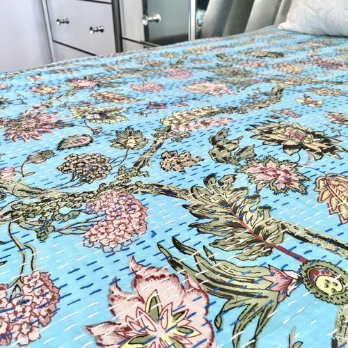 Kantha Quilt Flowers Colourful Aqua