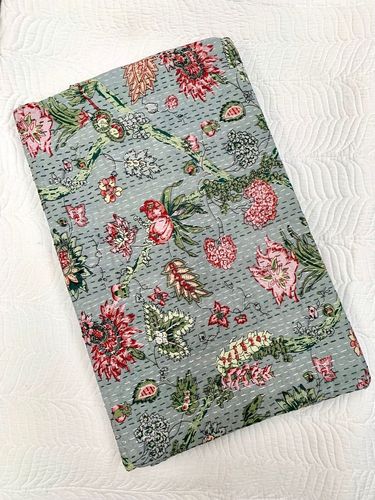 Kantha Quilt Daisy Flowers Colourful Ice Grey