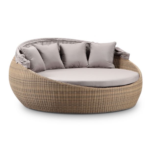 Large Newport Outdoor Wicker Round Daybed with Canopy - Wheat with Sunbrella