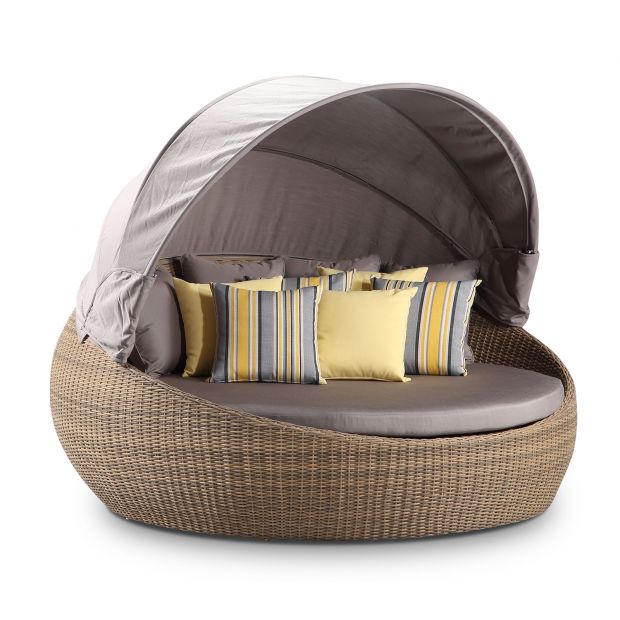 Large Newport Outdoor Wicker Round Daybed with Canopy - Wheat with Sunbrella