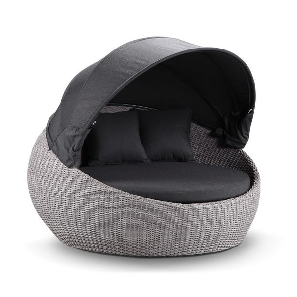 Newport Outdoor Round Wicker Daybed with Canopy - Grey and Denim Cushions