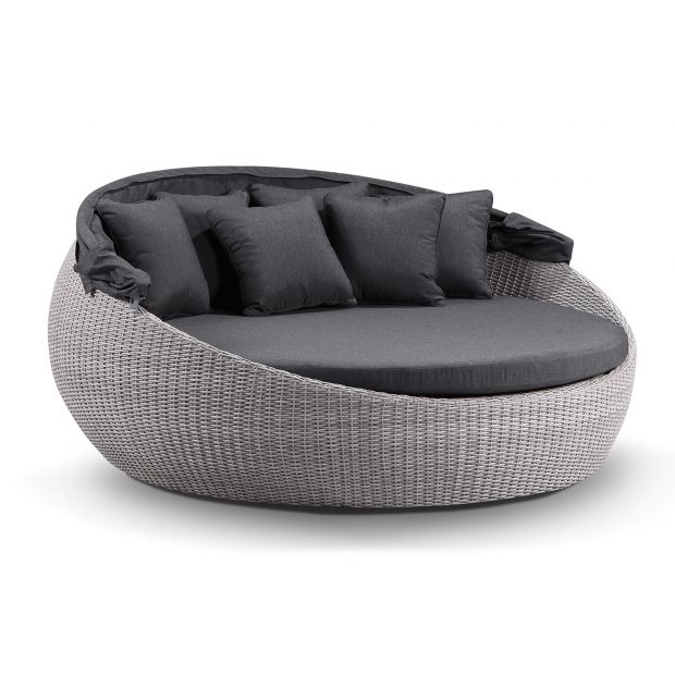 Large Newport Outdoor Round Wicker with Canopy - Grey and Denim Cushions