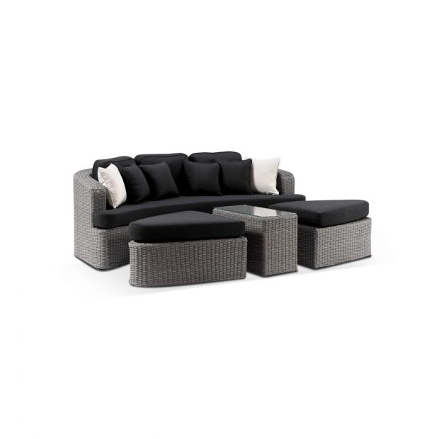 Noosa Outdoor Modular 4 Piece Daybed in Half Round Wicker -  Grey and Denim Cushions