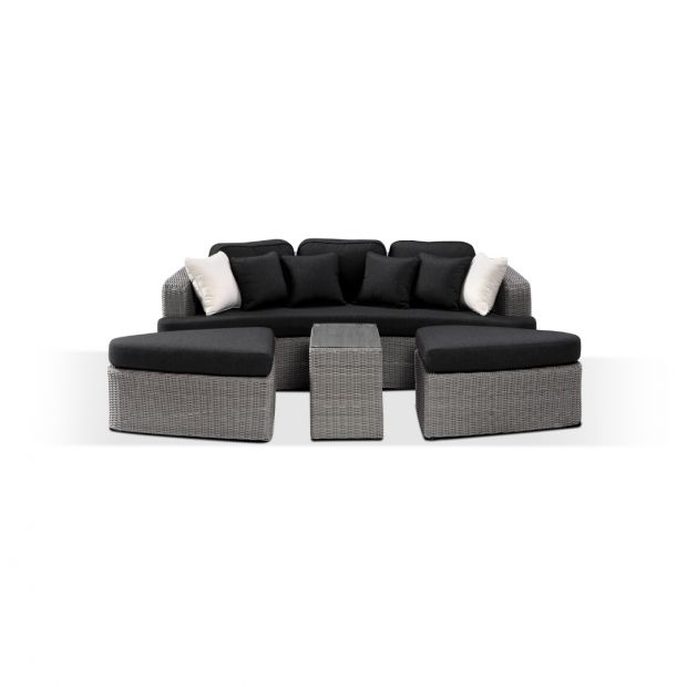 Noosa Outdoor Modular 4 Piece Daybed in Half Round Wicker -  Grey and Denim Cushions