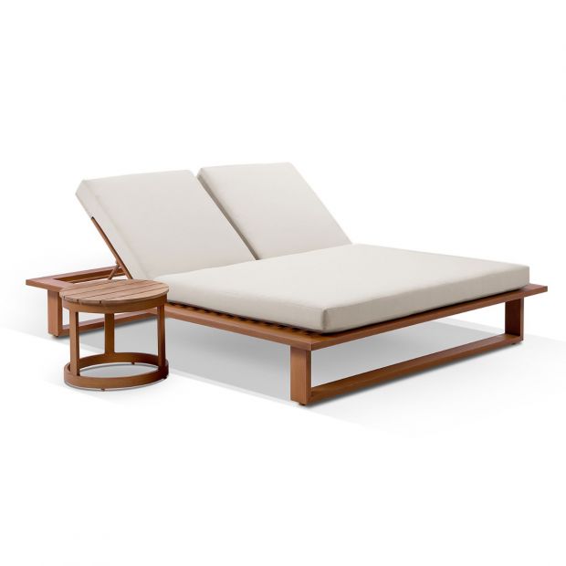 Arcadia Double Aluminium Sun Lounge in Teak Look with Round Side Table