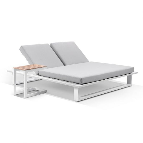 Arcadia Double Aluminium Sun Lounge In White/Textured Grey Cushions with Slide Under Side Table