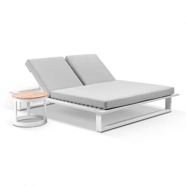 Arcadia Aluminium Sun Lounge In White/Textured Grey Cushions with Side Round Table