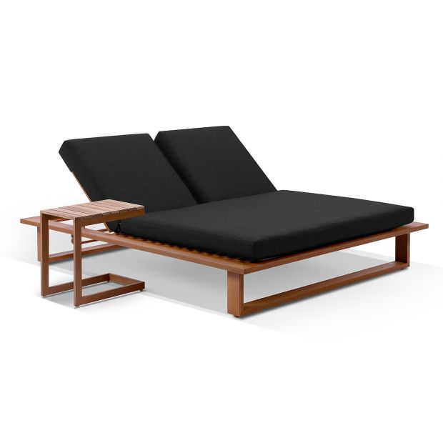 Arcadia Double Aluminium Sun Lounge in Teak Look/Denim Grey Cushions with Slide Under Side Table