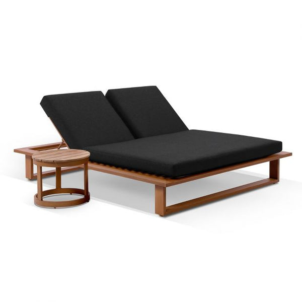 Arcadia Aluminium Sun Lounge In Teak Look/Denim Grey Cushions with Side Round Table