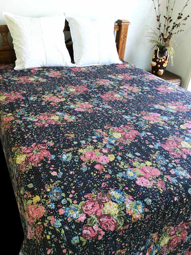 Kantha Quilt Rose Flower Black