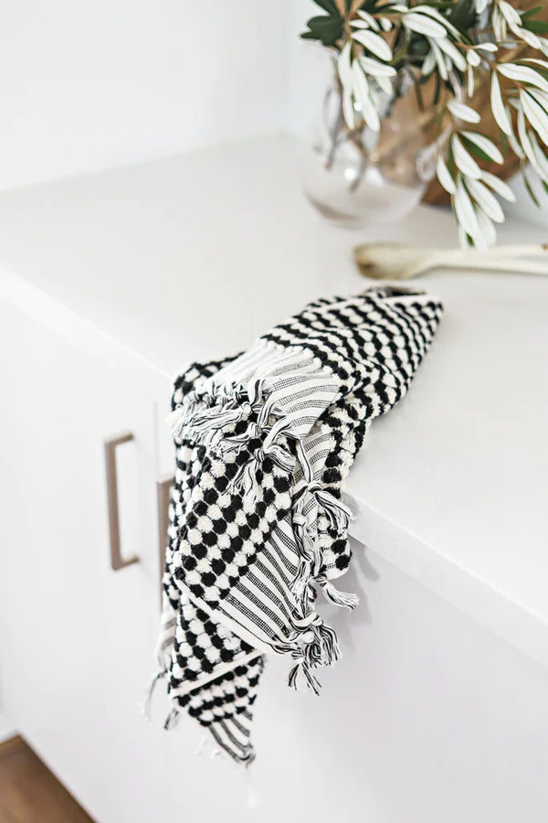 Pompom Turkish Cotton Hand Towel - Black and White