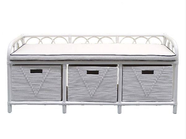 Resort Bamboo and Rattan White Washed Seat Bench with Storage Baskets