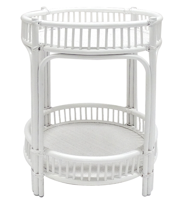 Resort Bamboo and Rattan White Washed Side Table or Bar Cart