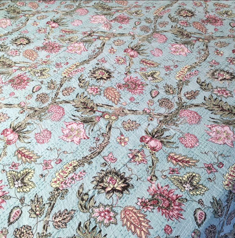 Kantha Quilt Flowers Colourful Sea Green