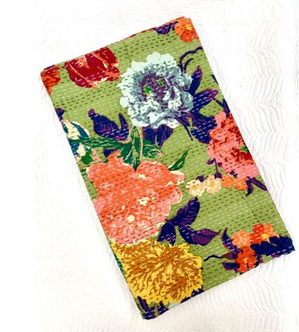 Kantha Quilt Garden Botancial Flowers Olive