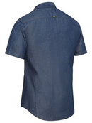 A collared and short sleeved denim work shirt with two chest pockets including one pen division pocket on the left side. Comes in a light and airy cotton fabric and button down closure.