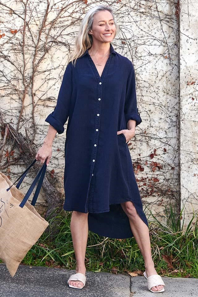 Linen Shirt Dress - Navy