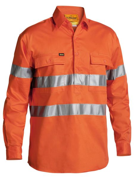 Taped Orange Hi Vis Half Closed Front Drill Shirt For Men