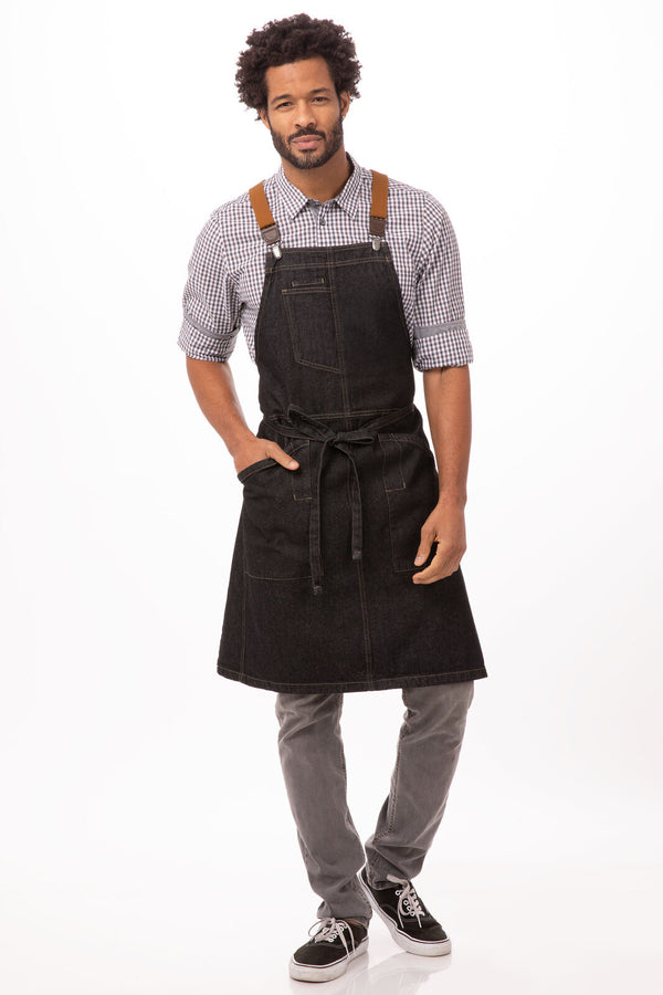 Berkeley Bib Apron Black + Cross Back Suspenders Desert Sand