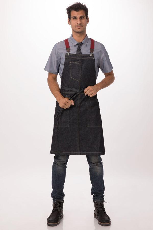 Berkeley Bib Apron Dark Indigo + Cross Back Suspenders Wine