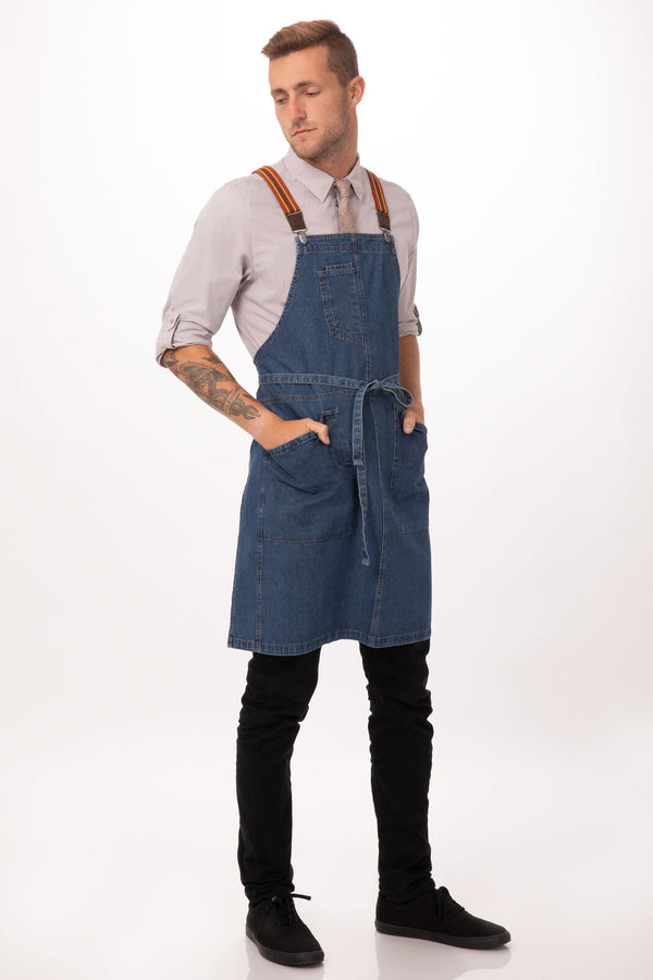 Berkeley Bib Apron Blue + Cross Back Suspenders Rust/Clay