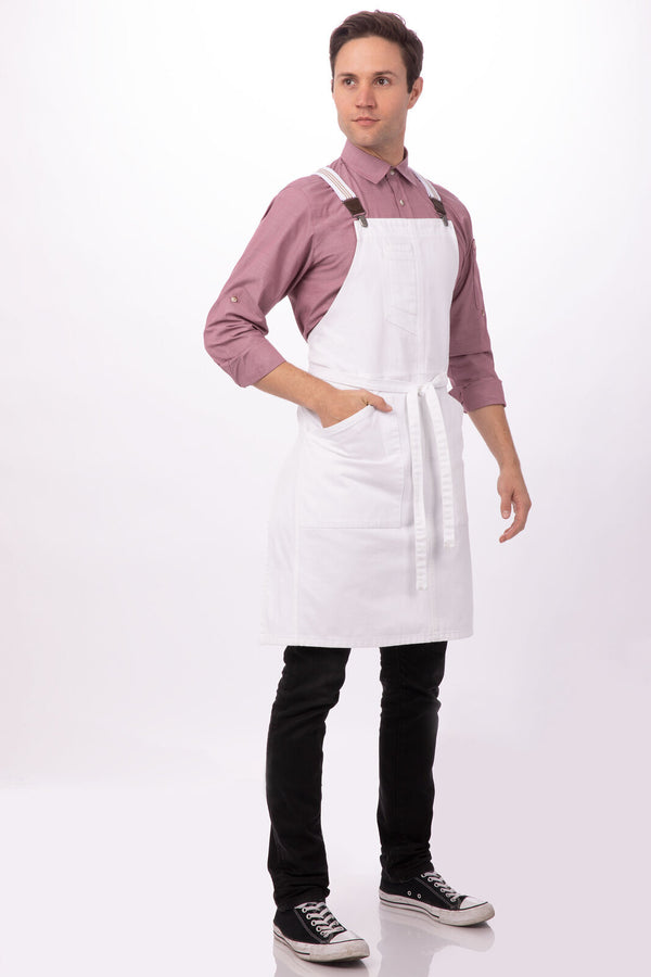 Berkeley Bib Apron White + Cross Back Suspenders White/Khaki