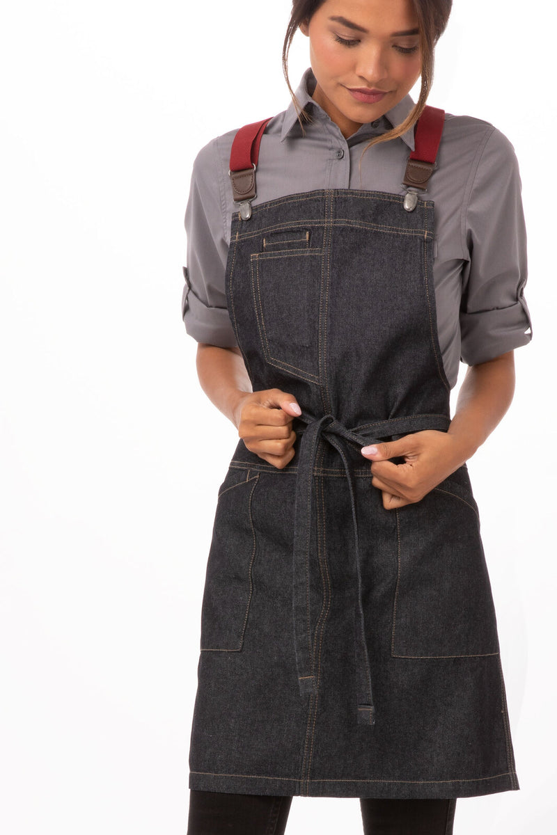 Berkeley Petite Bib Apron Indigo + Cross Back Suspenders Wine