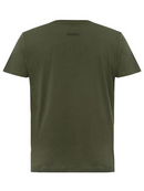 An army green coloured work tee for men with ribbed neck style. It is made up of lightweight and airy cotton fabric for ease of movement and comfort. Also comes with Bioscience Fresche microbial treatment.