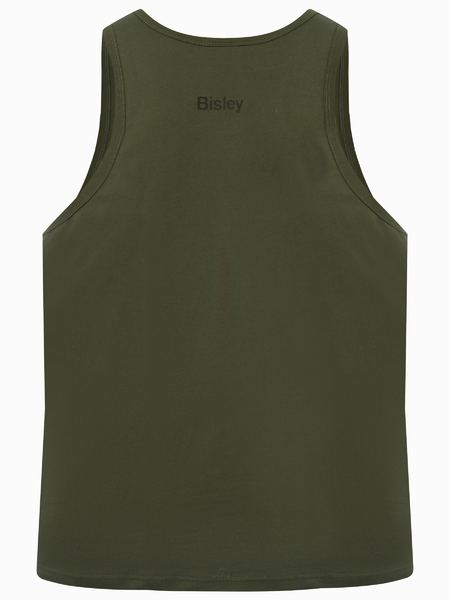 An army green coloured work singlet for men with brand logo at the front and back. It comes with ribbed material at the neck and armhole. Made up of lightweight and airy cotton.