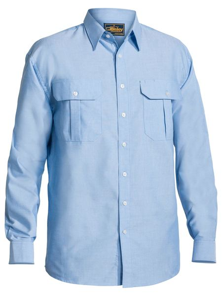 A blue coloured mens work shirt with collared neck and button down closure. It has two chest button open pockets with pleat detailing. Also comes with a back pleat and mix fabric for comfort and flexibility.