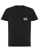 A black coloured work tee for men with ribbed neck style. It has one pocket with logo detailing. Made up of airy and lightweight cotton.