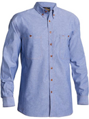 A blue coloured mens work shirt with a collared neck and buttoned detailing. Front open style with two buttoned chest pockets and adjustable sleeves with buttoned cuffs. Made up of lightweight and airy material.