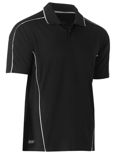 A black coloured polo tee for men with reflective piping detail. It comes with a ribbed collar and side panels. Made up of breathable and airy polyester fabric ideal for people with active jobs.