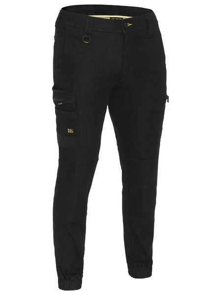 A black coloured denim cargo work pants for men with a drawcord waistband. It has several multifunctional pockets with seven strong loops. Made up of a mix of cotton, polyester and spandex for maximum stretch and comfort.