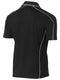 A black coloured polo tee for men with reflective piping detail. It comes with a ribbed collar and side panels. Made up of breathable and airy polyester fabric ideal for people with active jobs.
