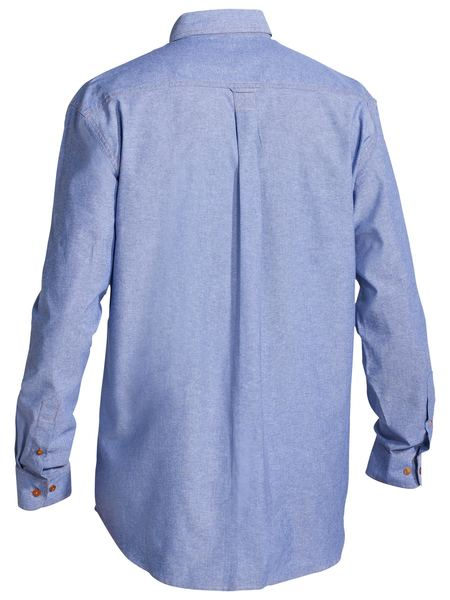 A blue coloured mens work shirt with a collared neck and buttoned detailing. Front open style with two buttoned chest pockets and adjustable sleeves with buttoned cuffs. Made up of lightweight and airy material.