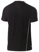 A black coloured work tee for men with reflective pipe detail. It has a ribbed crew neck with side panels and additional piping. Made up of stretchy polyester that is ideal for an active job.