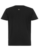 A black coloured work tee for men with ribbed neck style. It has one pocket with logo detailing. Made up of airy and lightweight cotton.