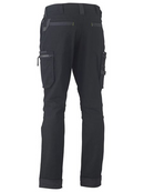 A black coloured zip cargo pants for men with a curved waistband. It has contrast coloured knee patches and multifunctional pockets. Made up of a mixture of cotton, nylon and spandex to provide maximum comfort.