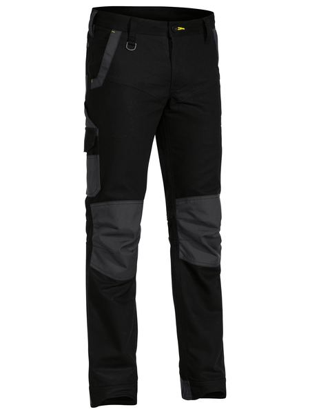 A black coloured work pant for men with a curved waistband. It has several multifunctional pockets with oxford patches. Made up of a mix of cotton, polyester and spandex for ultimate comfort and stretch.