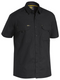 A black coloured work shirt for men with collared button down closure. It has two multifunctional flap open chest pockets for storing handy things . Made up of lightweight and airy cotton fabric.