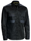 A long sleeved black coloured workwear shirt for men. It has two flap open multifunctional chest pockets and adjustable sleeves. Comes with a reflective detail on shoulders. Also made up of lightweight and stretchy cotton fabric.