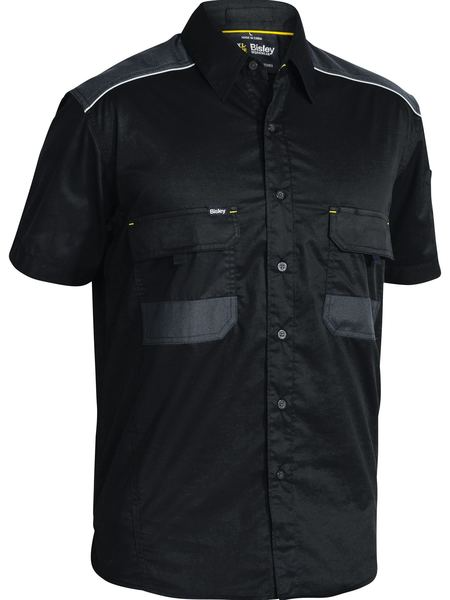 A black coloured active workwear shirt for men. It comes with a collared neck and two multifunctional tape open chest pockets. Made up of lightweight cotton and reflective piping shoulder detail.