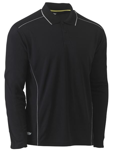 A black coloured work polo tee for men with ribbed collar neck. It has two buttons and reflective piping detail. Made up of polyester fabric that is ideal for an active job.