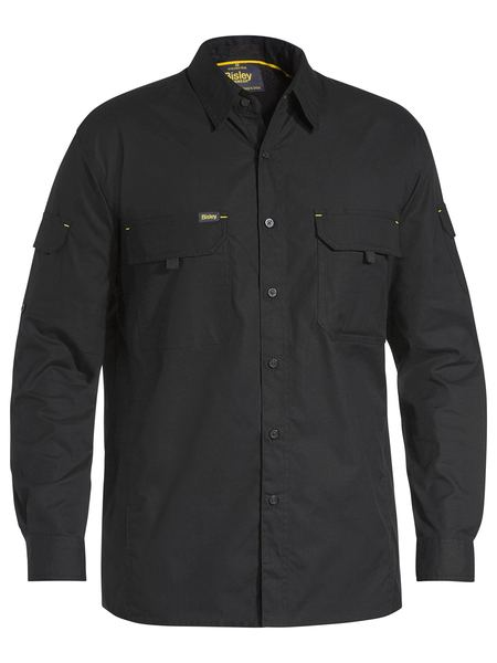 A black coloured work shirt for men with collarred button down closure. Comes with two multifunctional chest and sleeve pockets. Also features roll up adjustable sleeves. Made up of X Airflow airy and lightweight cotton fabric.