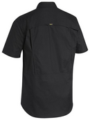 A black coloured work shirt for men with collared button down closure. It has two multifunctional flap open chest pockets for storing handy things . Made up of lightweight and airy cotton fabric.