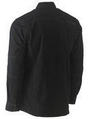 A black coloured workwear shirt for men with an active fit. It is equipped with two multifunctional chest pockets and contoured sleeves. Also comes with a hanger loop on the structured collar. Made up of stretch cotton for ease of movement.