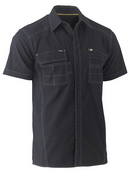 A black coloured work shirt for men with collared button up closure. Comes with two unique flap chest pockets and multifunctional features. Made up of stretch cotton and spandex to provide ease of comfort. Ideal for people with active work jobs.