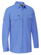 A blue coloured work shirt for men with collarred button down closure. Comes with two multifunctional chest and sleeve pockets. Also features roll up adjustable sleeves. Made up of X Airflow airy and lightweight cotton fabric.