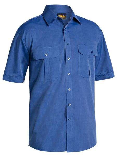 A blue coloured work shirt for men with collared button down closure. It has pleat detailing on the pockets and back. Also comes with two button open chest pockets. Made up of polyester and cotton mix for maximum comfort.